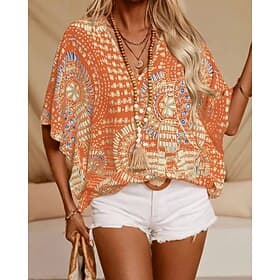 Damen Bluse Druck Blumen Bohemien Vintage Stilvoll Kurzarm V Ausschnitt Normale Oberteile Täglich Ferien Ausgehen Schwarz Rote Orange Grün Sommer Frühling