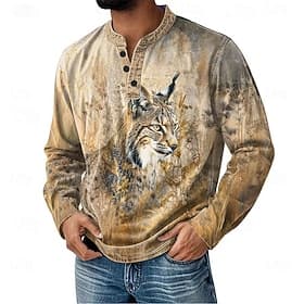 Voor heren Grafisch dier Henley-shirt Lange mouw Vintage Modieus leuke Style Casual Feestdagen Uitgaan Lente Herfst Grijs Licht Blauw Paars Khaki Henley Henle