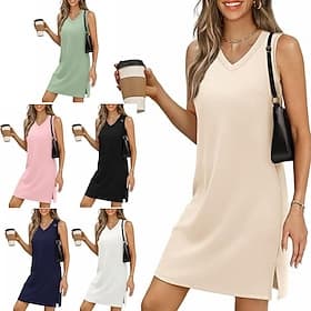 Femmes Mini Robe Robe trapèze Robe d'été Occasionnel Quotidien Coupe régulière Uni Sans manches Col en V Noir Blanche Rose Claire Abricot Été
