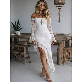 Per donna Abito maxi Tubino Elegante Festa cocktail All'aperto Feste Matrimonio Pizzo Volant Patchwork Vestibilità regolare Tinta unica Manica Lunga Senza Spal