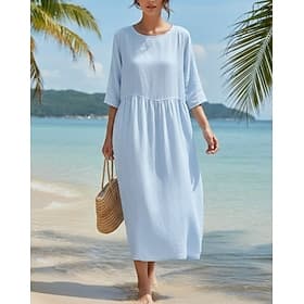 Femmes Robe Midi 100% Coton Robe fourreau Robe Caftan Robe Décontractée Mode Basique Classique Quotidien Plage Week-end Coupe régulière Uni Demi Manches Col ra