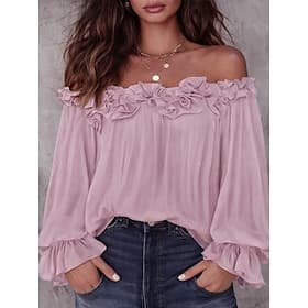 Women's Casual Shirt Blouse Chiffon Tops Ruffle Solid Color Vacation Stylish Casual Long Sleeve Off Shoulder Regular Tops Daily Party Holiday Pink Summer Sprin