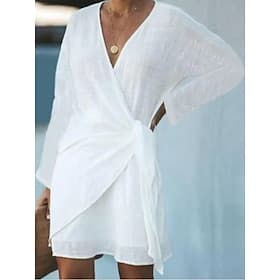 Women's Mini Dress Linen-feel Dresses Kaftan Dress White Dress Beach Dress Fashion Modern Chinoiserie Outdoor Vacation Going out Regular Fit Plain Long Sleeve
