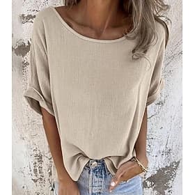 Femmes T-shirt Couleur Unie ancien Élégant Occasionnel Manche Courte Manche Chauve-souris Col Bateau Hauts Réguliers Quotidien Sortir Noir Vert Kaki Été Printe