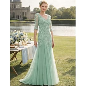Ligne A Traîne Balayage Robe d'invité de mariage Robe de Cérémonie Robe de soirée Robe de Mère de Mariée Demi Manches Col en V Élégant Fête de mariage Dentell