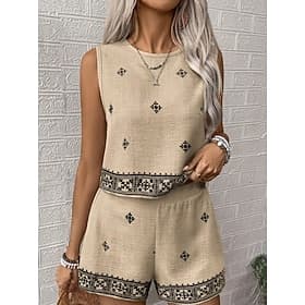 Femmes Ensemble effet lin Ensembles de Shorts Sans manches Col ras du cou Géométrique Imprimé Élégant Mode Streetwear Occasionnel Quotidien Extérieur Bleu Kaki