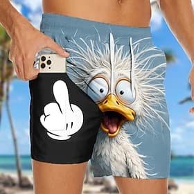Herren Cartoon Lustig Ente Gefütterte Shorts 2 in 1 Badeshorts Badeshorts Mittlere Taille Hawaiianisch Strandurlaub Seitentaschen Mit Kompressionsfutter Elasti