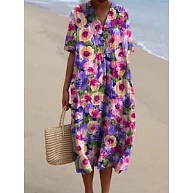 Femmes Robe Midi Robe Chemise Robe Décontractée Mode Basique Moderne Quotidien Extérieur Plage Coupe régulière Fleuri Manche Courte Col en V Vert Claire Violet