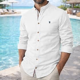 Homme Chemise Chemise en lin Chemise d'été Tenue de plage Chemise Boutonnée Uni Vacances Fête Bleu Noir Blanche bleu marine manche longue Col Printemps Été Ét