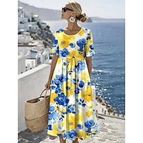 Femmes Robe Midi Robe fourreau Vacances Occasionnel Fête Coupe régulière Fleuri Graphique Manche Courte Col ras du cou Bleu Jaune Violet Orange Été Printemps