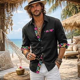 Men's Shirt Linen Shirt Summer Shirt Beach Wear Button Up Shirt Floral Casual Daily Boho Black White Pink Gray Long Sleeve Lapel Summer Spring Fall Clothing A