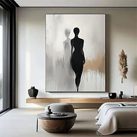 Peinture abstraite élégante, faite à la main, en noir et beige, aux silhouettes minimalistes, œuvre d'art contemporaine parfaite pour une décoration intérieure