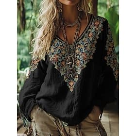 Dame Boho T-skjorte T skjorte T-skjorte Trykt mønster Blomstret Planter Årgang Etnisk Fritid Langermet V-hals Vanlige topper Daglig Helg Ferieklær Blå Svart Vå