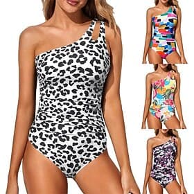 Women's One Piece Swimsuit One Shoulder Swimwear Leopard Print Swimwear White Blue Breathable Quick Dry Sleeveless - Swimming Surfing Snorkeling Summer