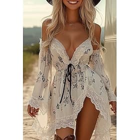 Women's Mini Dress Boho Dress Western Dress Fashion Daily Vacation Going out Regular Fit Flower Long Sleeve V Neck White Summer