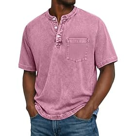 Men's Henley Shirt 100% Cotton Acid Wash Shirt T shirt Tee Short Sleeve Solid Retro Vintage Casual Pocket Vintage Style Washed Henley Casual Spring Summer Sum