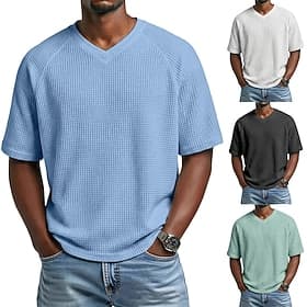Men's Waffle T-shirt Tee Top Short Sleeve V Neck Summer Solid Color Fashion Designer Casual Raglan Sleeves Casual Daily Outdoor Light Blue Black White Top Tee