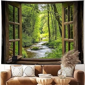 3D Window View Tapestry Forest River Landscape Green Trees Nature Wall Hanging For Living Room Home Decor Wall Art Backdrop Fabric Poster