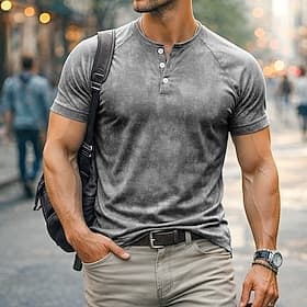 Homme T-shirt Haut Henley T-shirt en coton Chemise délavée Manche Courte Couleur Unie Uni ancien Designer Occasionnel Délavé Boutons Henley Occasionnel Quotidi