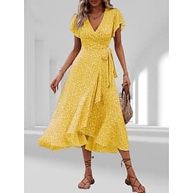 Women's Midi Dress Casual Dress Wrap Dress Floral Dress Elegant Fashion Modern Outdoor Vacation Going out Regular Fit Floral Short Sleeve V Neck Black Pink Cam