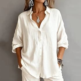 Women's Cotton Shirts Button Up Shirt Blouse Solid Color Vintage Stylish Modern Long Sleeve Shirt Collar Regular Tops Daily Holiday Going out Blue White Yello