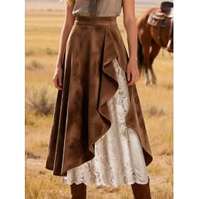 Dame Skjørt i semsket skinn Blondeskjørt Ferieskjørt Elegant Bohem Årgang Mote Midi Medium Midje Skjørt Multi Layer Uelastisk Daglig Feriereise Brun Vår