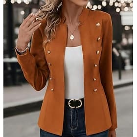 Femmes Blazer Extérieur Col montant Boutons Couleur Unie Respirant Mode Coupe régulière Vêtements d'extérieur manche longue Automne Noir S