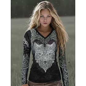 T-shirt femme Bohème Viking Graphique Animal Vintage Chic Classique Manches longues V Col Tops réguliers Quotidien Week-end Impression Noir Été Printemps