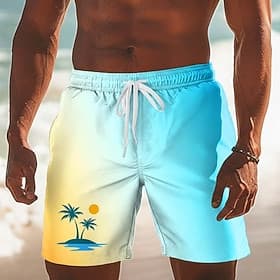 Men's Coconut Tree Sunset Gradient Color Swim Trunks Swim Shorts Board Shorts Mid Waist Hawaiian Beach Vacation Wear Side Pockets Mesh Lining Elastic Drawstrin