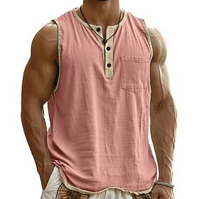 Men's Linen Shirt Tank Top Vest Top Undershirt Sleeveless Henley Summer Spring Plain Fashion Designer Basic Pocket Buttons Casual Vacation Street Black Navy Bl