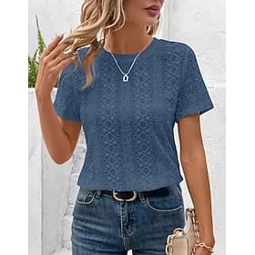 Women's Eyelet Embroidery T Shirts Solid Color Vintage Stylish Casual Short Sleeve V Neck Regular Tops Daily Going out Black White Dusty Blue Summer Spring