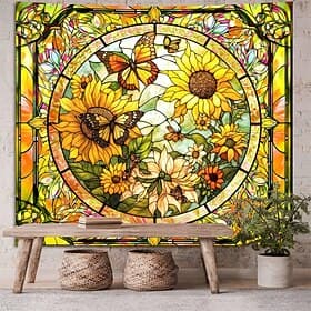 Sunflower Stained Glass Wall Tapestry Butterfly Floral Wall Hanging Vintage Art Decor for Living Room Bedroom Home Office