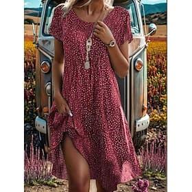 Damen Midi Kleid A-Linie Kleid T-Shirt Kleid Tee Kleid Athletic Kleid Lässig Urlaub Alltag Reguläre Passform Grafik Kurze Ärmel Rundhals Dunkelrot Pink Rot Bor
