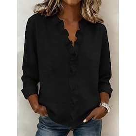 Women's Shirt Cotton Linen Shirts Blouse Ruched Plain Vintage Stylish Long Sleeve V Neck Regular Tops Daily Holiday Going out Black White Pink Summer Spring