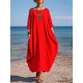 Women's 100%Cotton Linen Maxi Dress Shift Dress Casual Daily Regular Fit Plain 3/4 Length Sleeve Crew Neck Blue White Red Dark Green Summer Spring Fall