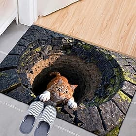 Front Door Visual Mat, 3D Optical Illusion All Weather Diatomaceous Mud Doormat, Cat Peeking from Well Easy Clean Patio Porch for Entrance, Living Room, Office