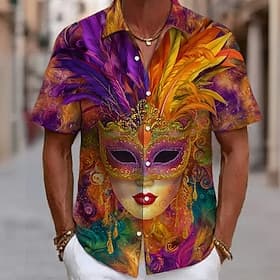 Mardi Gras Men's Dazzle color Carnival Mask with Feathers Shirt Button Up Shirt Short Sleeve Vintage Retro Party Holiday Summer Spring Turndown 3D Print Collar