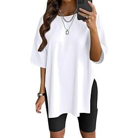 Damen T Shirt Seitensplit Einfarbig Grafik Mode Klassisch Lässig Kurzarm Rundhalsausschnitt Rundhals Lange Oberteile Täglich Ausgehen Blau Schwarz Weiß Hellgrü