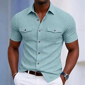 Men's Shirt Casual Shirt Corduroy Shirt Button Up Shirt Black White Yellow Navy Blue Brown Short Sleeve Plain Textured Shirt Collar Casual Daily Front Pocket C