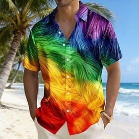 Men's Colorful Rainbow Feathers Shirt Satin Shirt Dress Shirt Short Sleeve Fashion Casual Daily Outdoor Vacation Summer Spring Turndown 3D Print Button Up Shir