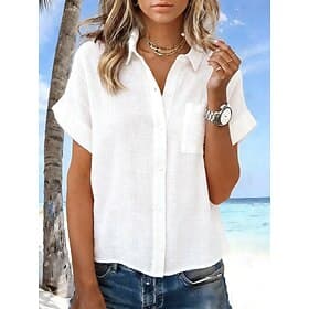 Women's Shirt Linen-feel Shirts Casual Shirt Blouse Buttons Plain Stylish Classic Modern Short Sleeve Shirt Collar Regular Tops Daily Holiday Going out Blue Wh