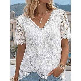 Femmes T-shirt T-shirt en dentelle Dentelle Uni Élégant Mode Classique Manche Courte Col en V Hauts Réguliers Quotidien Sortir Week-end Blanche Été Printemps