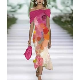Women's Midi Dress Sheath Dress Trumpet Mermaid Dress A Line Dress Elegant Vacation Party Daily Outdoor Office Floral Graphic Short Sleeve Cold Shoulder Pink