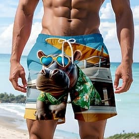 Homme Dessin animé Hippopotame Capybara Maillots de bain Shorts de bain Shorts de Surf Taille Moyenne Hawaïen Drôle Vacances à la Plage Poches Latérales doublu