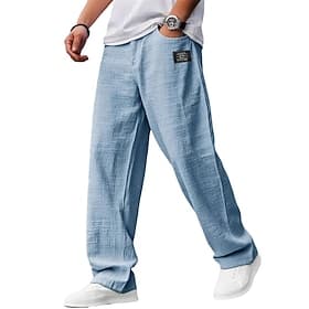 Men's Trousers Summer Pants Baggy Pants Beach Pants Elastic Waist Straight Leg Plain Comfort Breathable Full Length Casual Daily Holiday Vacation Fashion Blue