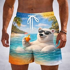Men's Cartoon Polar Bear Hippopotamus Swim Trunks Swim Shorts Board Shorts Mid Waist Funny Hawaiian Beach Vacation Wear Side Pockets Mesh Lining Elastic Drawst