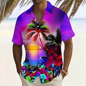 Voor heren Kokosnootboom Natuur Landschappen Tropische planten Hawaiiaans overhemd Overhemd met knopen Aloha-shirt Korte mouw Hawaii Vakantie Zomer Lente Stri
