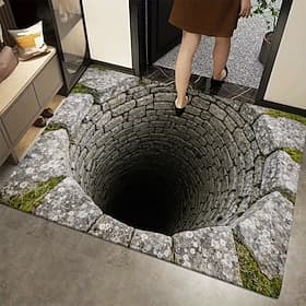 3D Optical Illusion Stone Well Doormat 2D Flat Print Deep Well Design on Durable Material Perfect for Adding Rustic Charm to Any Entryway Rug