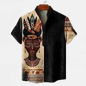 Men's Ethic / African Indigenous Peoples Shirt Button Down Shirt Short Sleeve Vintage Retro Holiday Casual Daily Summer Spring Standing Collar Henley Collar 3D