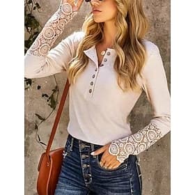 Damen Hemd Bluse Spitzentops Spitze Knöpfe Einfach Stilvoll Klassisch Modern Langarm V Ausschnitt Normale Oberteile Täglich Ferien Ausgehen Aprikose Sommer Frü